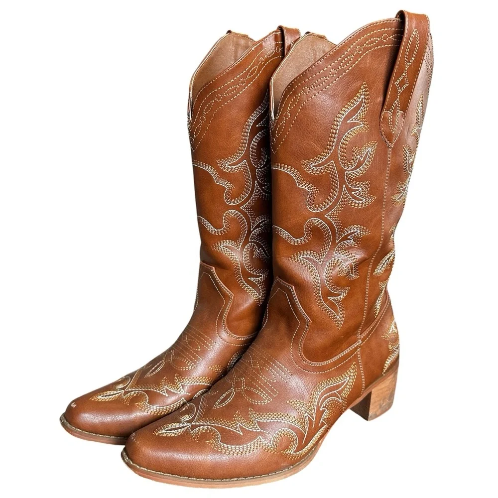 Cognac Embroidered Western Mid-Calf Boots Boho Cowgirl Rodeo Size 11.5 - Picture 2 of 10
